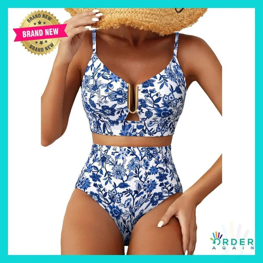 High Waisted U Wire Bikini Set Floral Print Crisscross Back Swimsuit Beachwear
